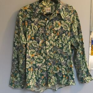 Vintage Floral Button Down Shirt Green With Orange And Purple Accents